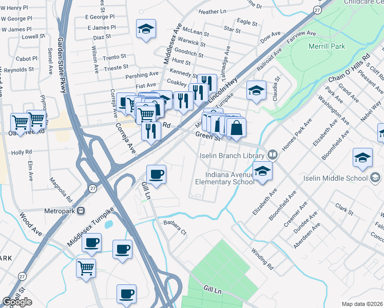 map of restaurants, bars, coffee shops, grocery stores, and more near 17 Berkley Boulevard in Woodbridge Township