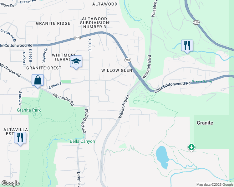 map of restaurants, bars, coffee shops, grocery stores, and more near 3272 Bell Oaks Circle in Sandy