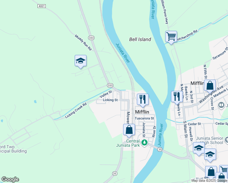 map of restaurants, bars, coffee shops, grocery stores, and more near 114 Summit Drive in Mifflin