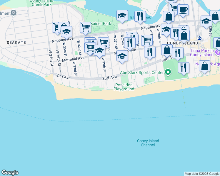map of restaurants, bars, coffee shops, grocery stores, and more near 3045 West 29th Street in Brooklyn