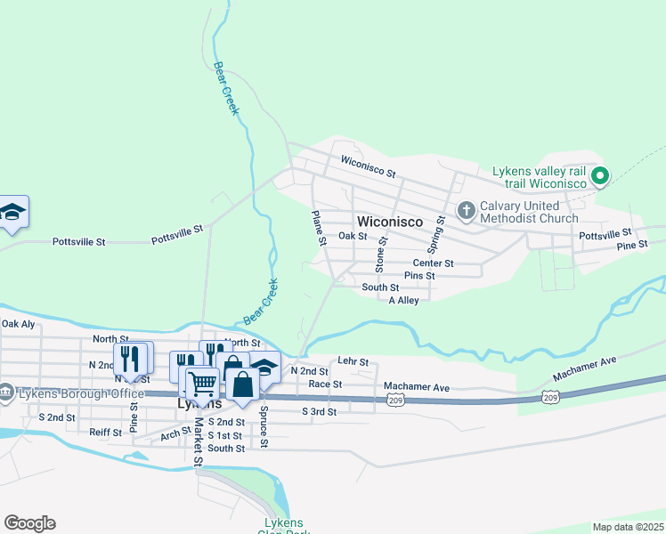map of restaurants, bars, coffee shops, grocery stores, and more near 205 Center Street in Lykens