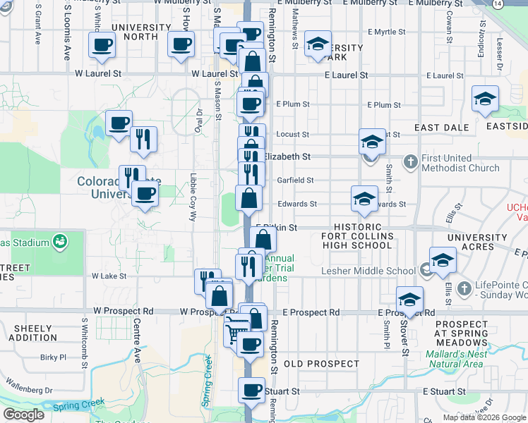 map of restaurants, bars, coffee shops, grocery stores, and more near 1200 U.S. 287 in Fort Collins