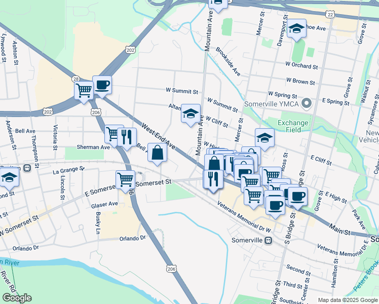 map of restaurants, bars, coffee shops, grocery stores, and more near 64 West End Avenue in Somerville
