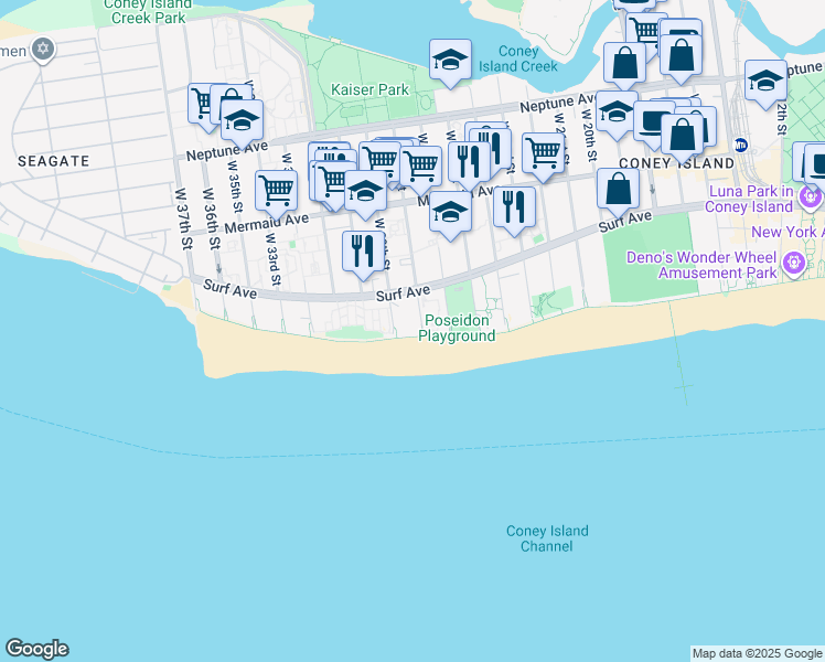 map of restaurants, bars, coffee shops, grocery stores, and more near 3020 West 28th Street in Brooklyn