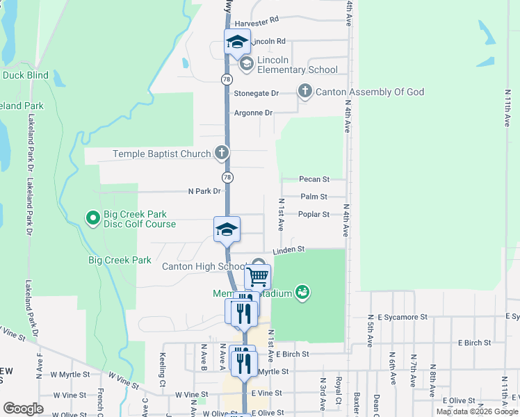 map of restaurants, bars, coffee shops, grocery stores, and more near 1125 Lawrence Drive in Canton