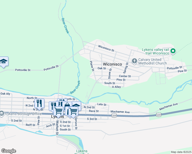 map of restaurants, bars, coffee shops, grocery stores, and more near 205 Center Street in Lykens