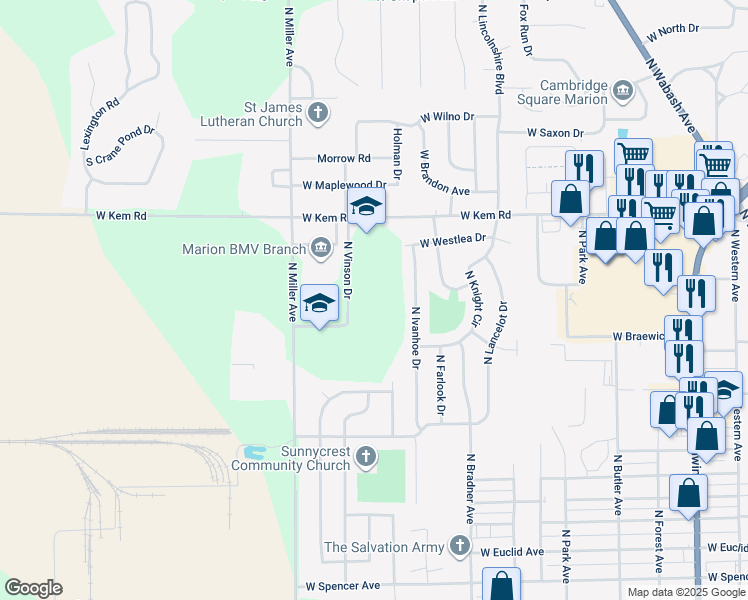 map of restaurants, bars, coffee shops, grocery stores, and more near 2009 West Kem Road in Marion