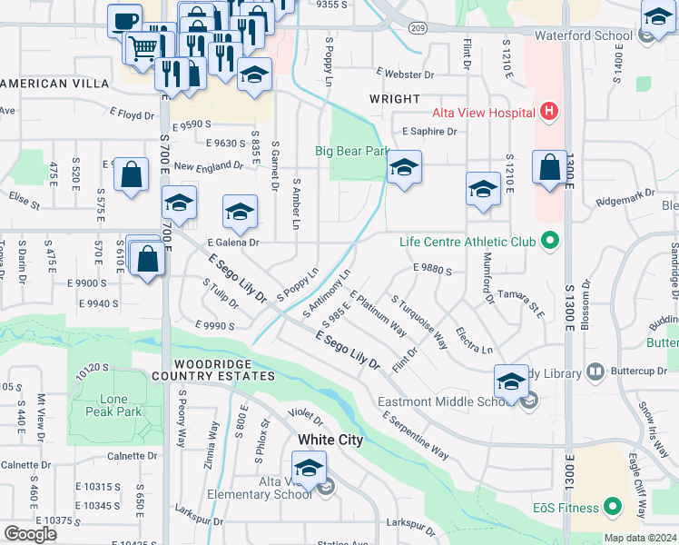 map of restaurants, bars, coffee shops, grocery stores, and more near 9886 South Antimony Lane in Sandy