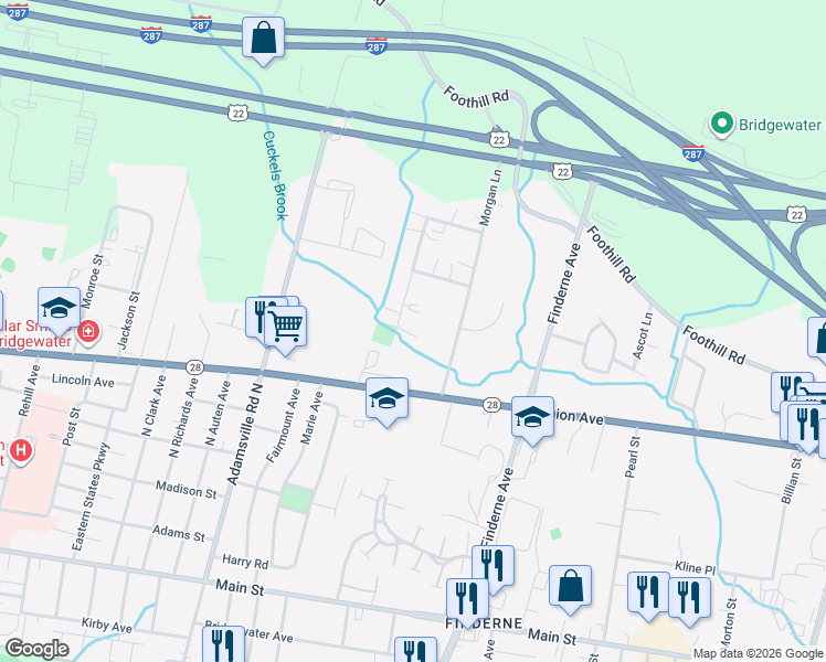 map of restaurants, bars, coffee shops, grocery stores, and more near 18 Dartmouth Avenue in Bridgewater Township