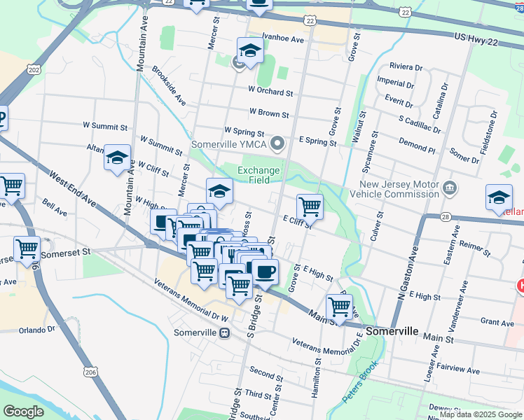 map of restaurants, bars, coffee shops, grocery stores, and more near 20 West Cliff Street in Somerville