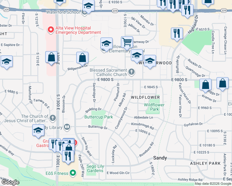 map of restaurants, bars, coffee shops, grocery stores, and more near 9863 Pinehurst Drive in Sandy