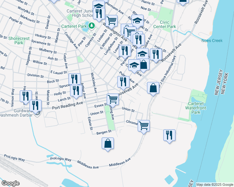 map of restaurants, bars, coffee shops, grocery stores, and more near 101 Roosevelt Avenue in Carteret