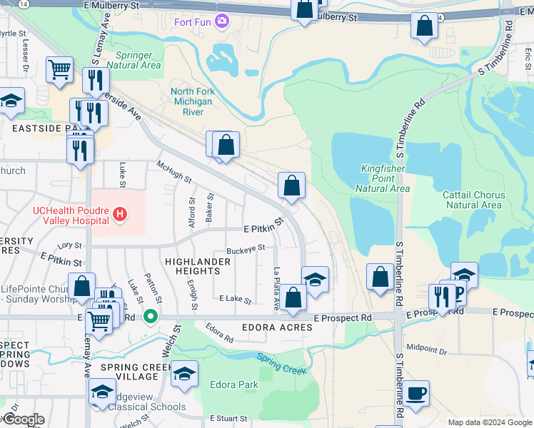 map of restaurants, bars, coffee shops, grocery stores, and more near 1537 Riverside Avenue in Fort Collins