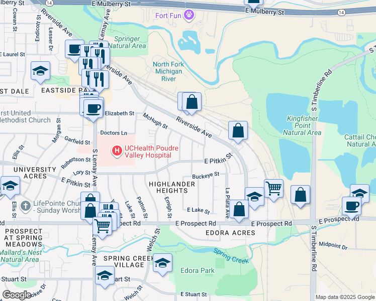 map of restaurants, bars, coffee shops, grocery stores, and more near 1100 Hays Street in Fort Collins
