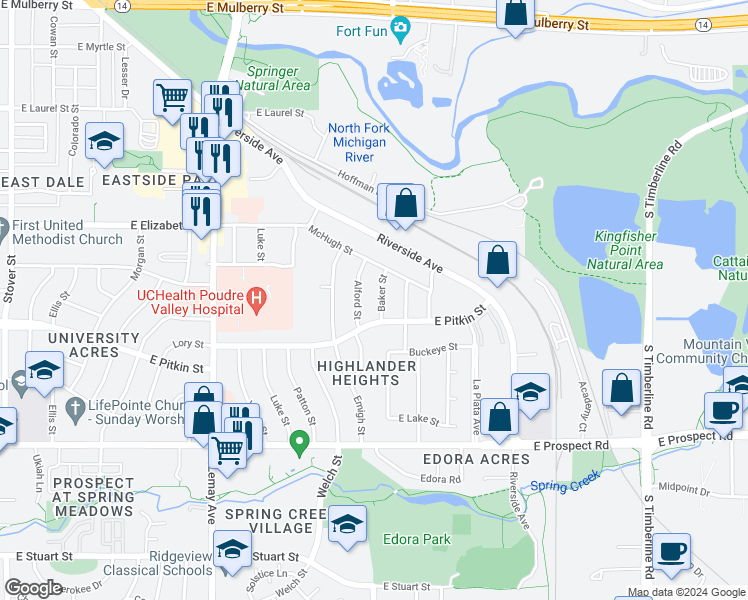 map of restaurants, bars, coffee shops, grocery stores, and more near 1117 Baker Street in Fort Collins