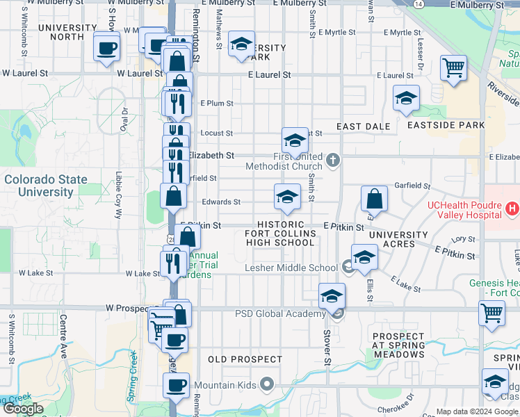 map of restaurants, bars, coffee shops, grocery stores, and more near 401 Edwards Street in Fort Collins