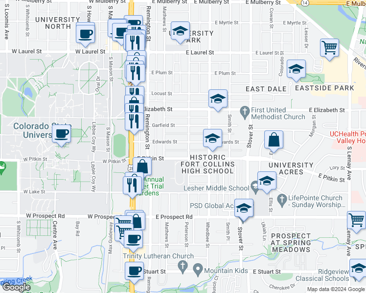 map of restaurants, bars, coffee shops, grocery stores, and more near 401 Edwards Street in Fort Collins