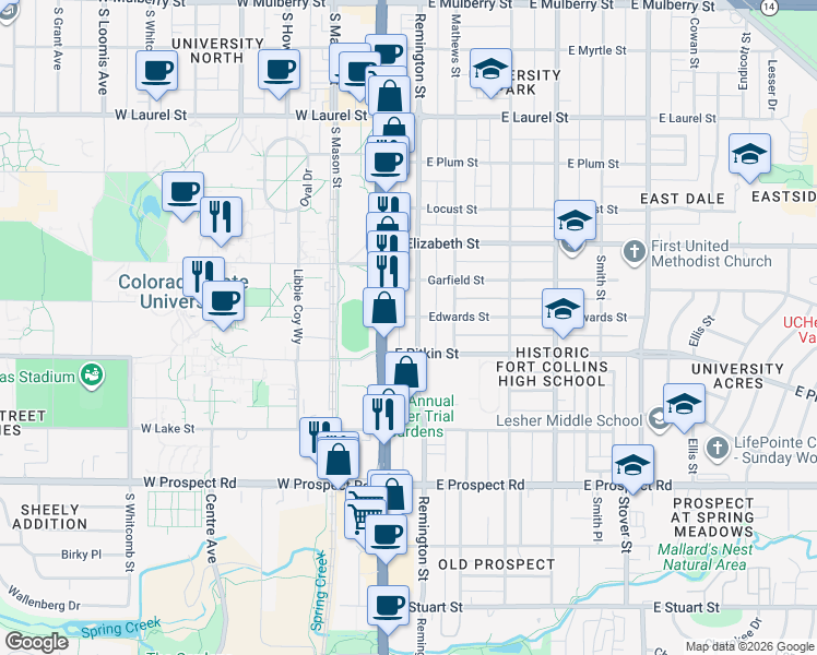 map of restaurants, bars, coffee shops, grocery stores, and more near 1200 U.S. 287 in Fort Collins