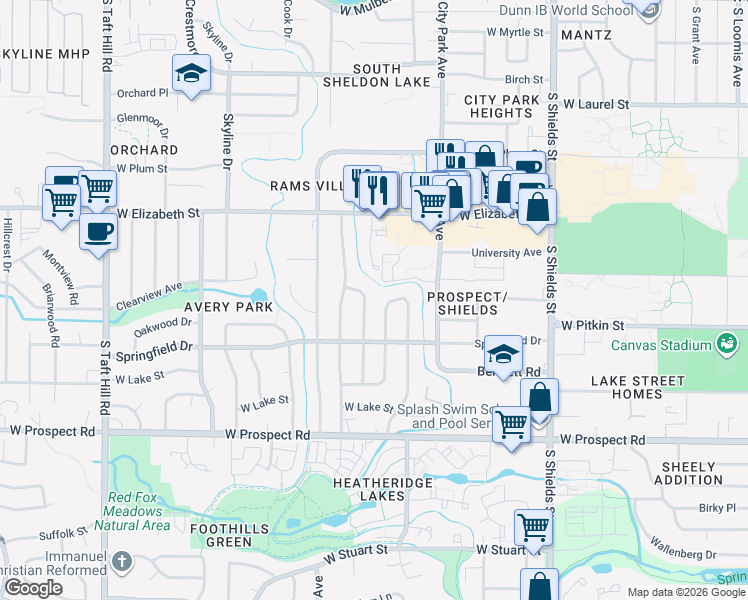 map of restaurants, bars, coffee shops, grocery stores, and more near 1212 Southridge Drive in Fort Collins