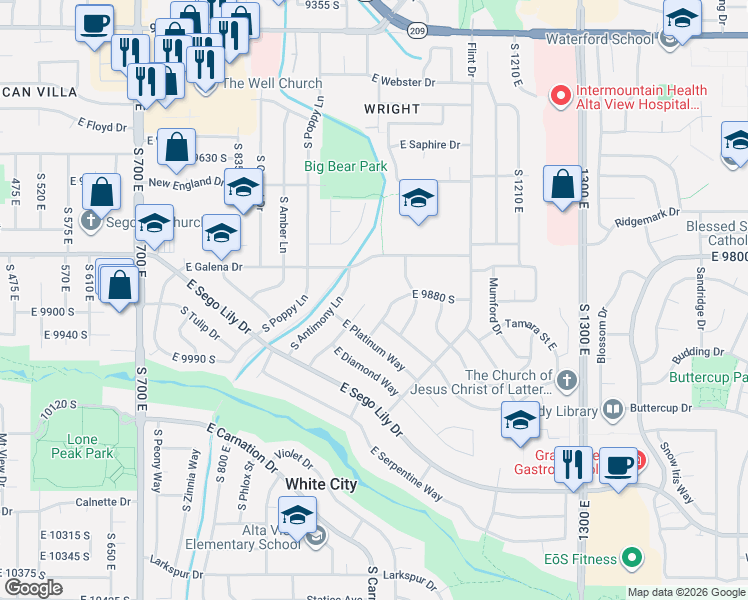 map of restaurants, bars, coffee shops, grocery stores, and more near 9878 Barium Lane in Sandy
