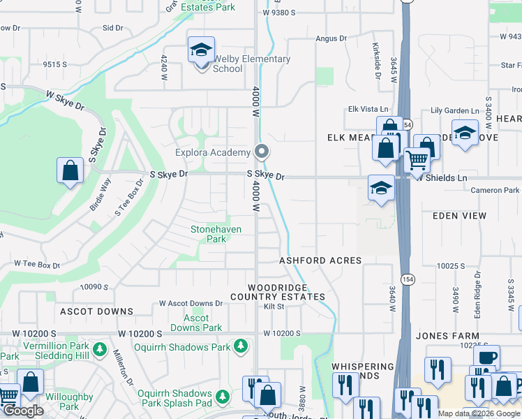map of restaurants, bars, coffee shops, grocery stores, and more near 9861 Birnam Woods Way in South Jordan