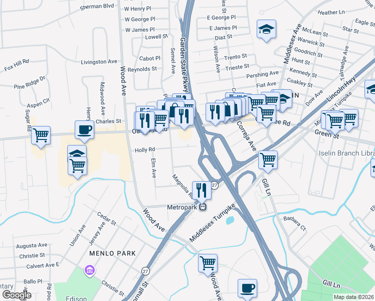 map of restaurants, bars, coffee shops, grocery stores, and more near 11 Holly Road in Woodbridge Township