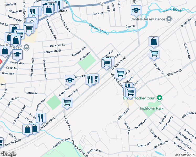 map of restaurants, bars, coffee shops, grocery stores, and more near 621 Lincoln Boulevard in Middlesex