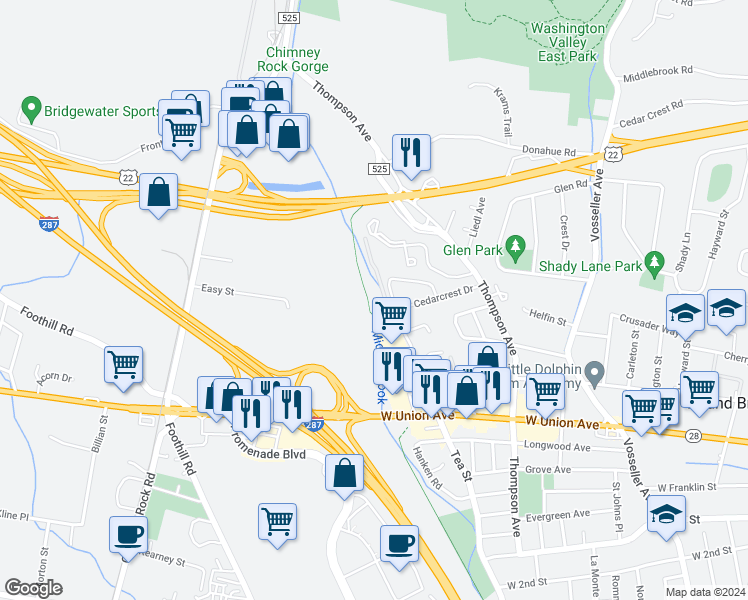 map of restaurants, bars, coffee shops, grocery stores, and more near 681 Tea Street in Bound Brook