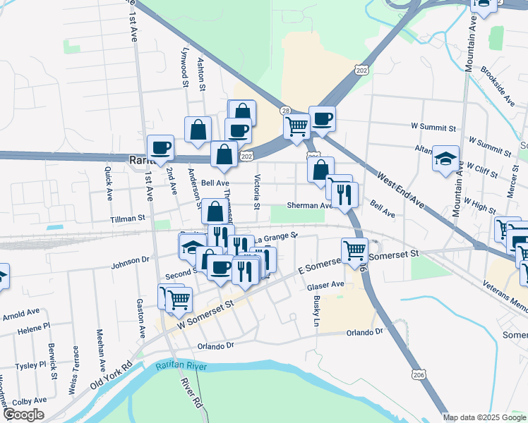 map of restaurants, bars, coffee shops, grocery stores, and more near 245 Sherman Avenue in Raritan