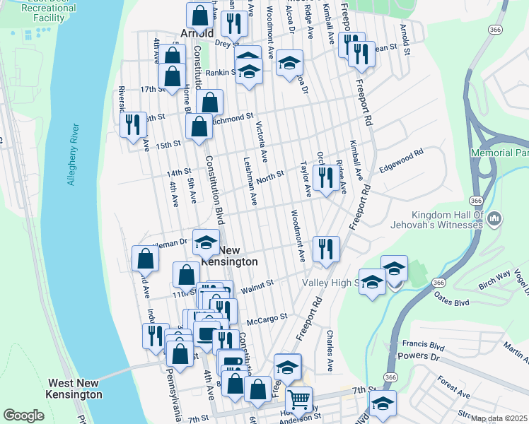 map of restaurants, bars, coffee shops, grocery stores, and more near 306 Catalpa Street in New Kensington