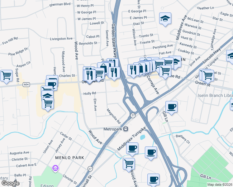 map of restaurants, bars, coffee shops, grocery stores, and more near 11 Holly Road in Woodbridge Township