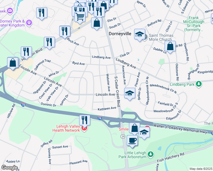 map of restaurants, bars, coffee shops, grocery stores, and more near 1117 Webster Avenue in Allentown