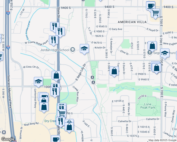 map of restaurants, bars, coffee shops, grocery stores, and more near 234 East Sego Lily Drive in Sandy