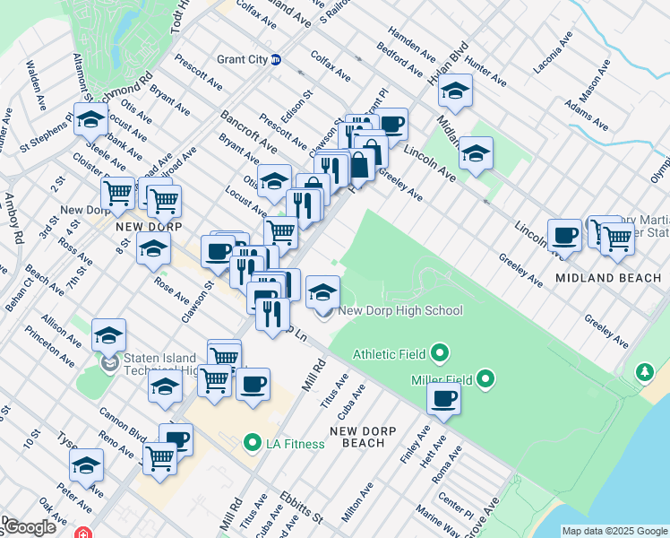 map of restaurants, bars, coffee shops, grocery stores, and more near 2151 New Dorp Lane in Staten Island