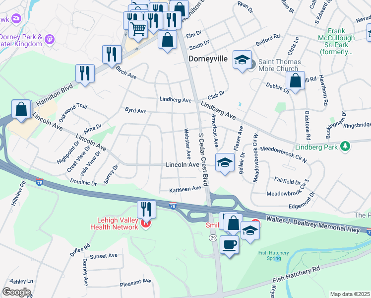 map of restaurants, bars, coffee shops, grocery stores, and more near 1122 Webster Avenue in Allentown