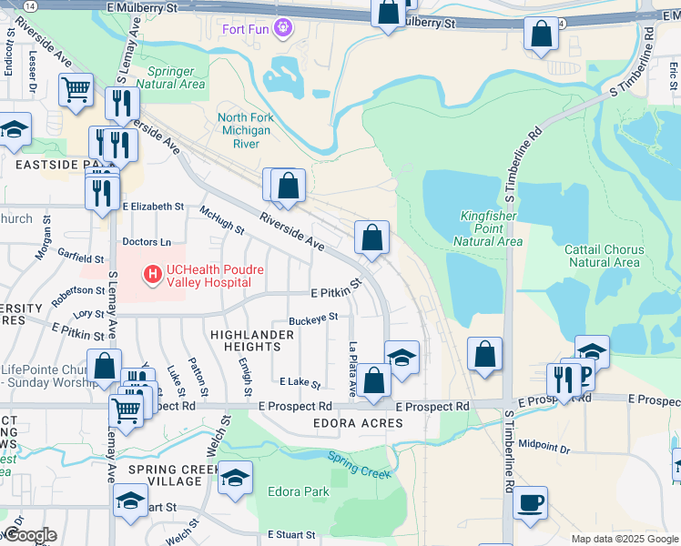 map of restaurants, bars, coffee shops, grocery stores, and more near 1537 Riverside Avenue in Fort Collins
