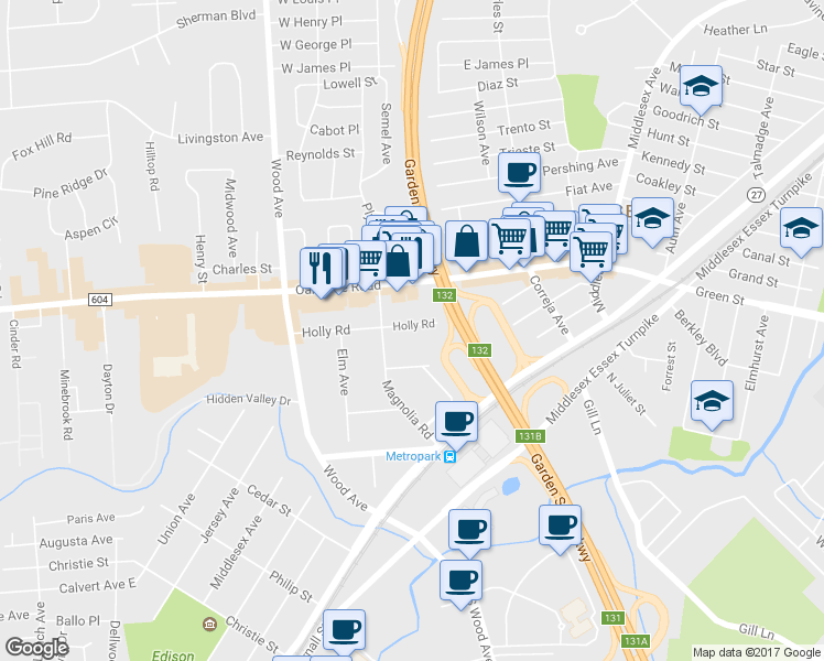 map of restaurants, bars, coffee shops, grocery stores, and more near 11 Holly Road in Woodbridge Township
