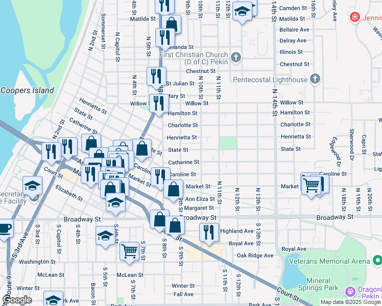 map of restaurants, bars, coffee shops, grocery stores, and more near 912 State Street in Pekin