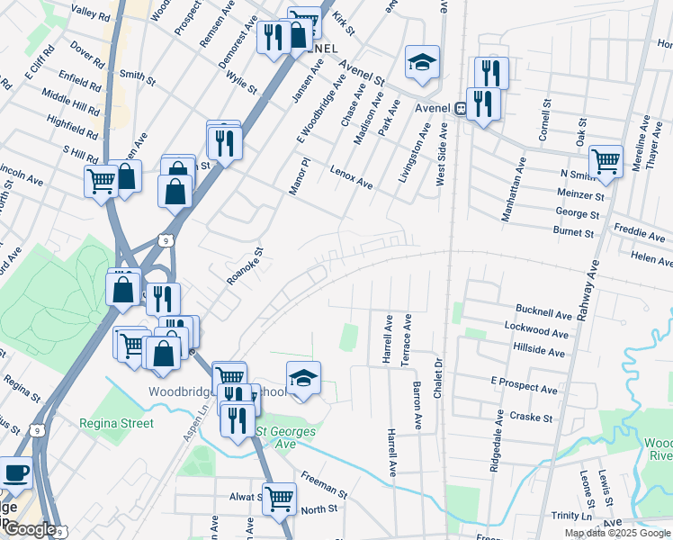 map of restaurants, bars, coffee shops, grocery stores, and more near 3004 Madaline Drive in Woodbridge Township