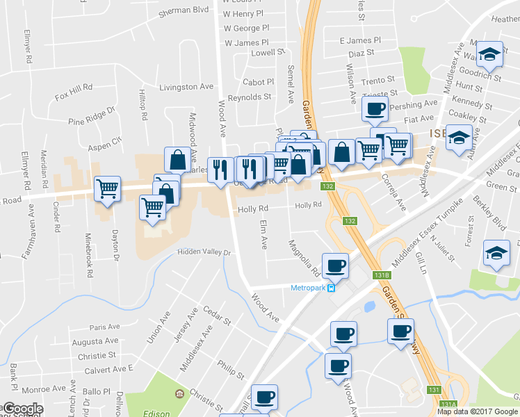 map of restaurants, bars, coffee shops, grocery stores, and more near 78 Holly Road in Woodbridge Township