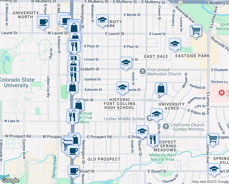 map of restaurants, bars, coffee shops, grocery stores, and more near 419 Edwards Street in Fort Collins