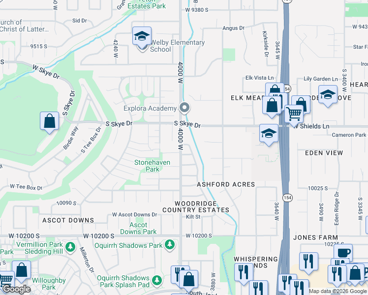 map of restaurants, bars, coffee shops, grocery stores, and more near 9861 Birnam Woods Way in South Jordan