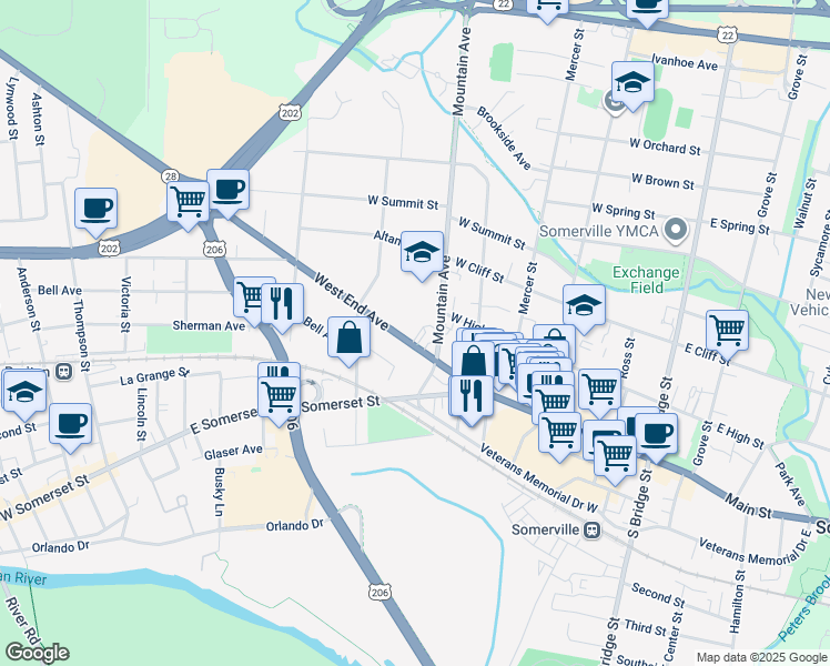 map of restaurants, bars, coffee shops, grocery stores, and more near 64 West End Avenue in Somerville