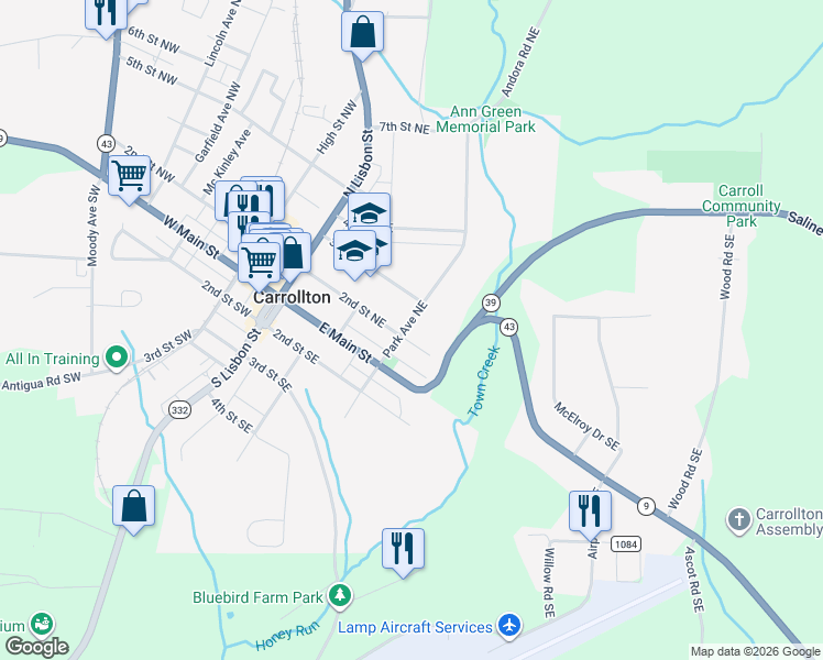 map of restaurants, bars, coffee shops, grocery stores, and more near 220 Park Avenue Northeast in Carrollton
