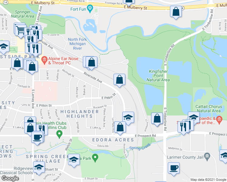 map of restaurants, bars, coffee shops, grocery stores, and more near 1537 Riverside Avenue in Fort Collins