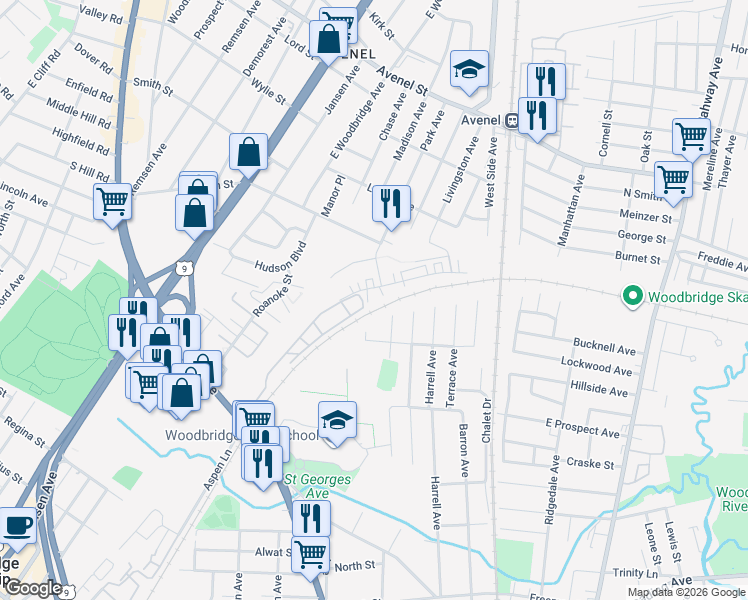 map of restaurants, bars, coffee shops, grocery stores, and more near 3004 Madaline Drive in Woodbridge Township