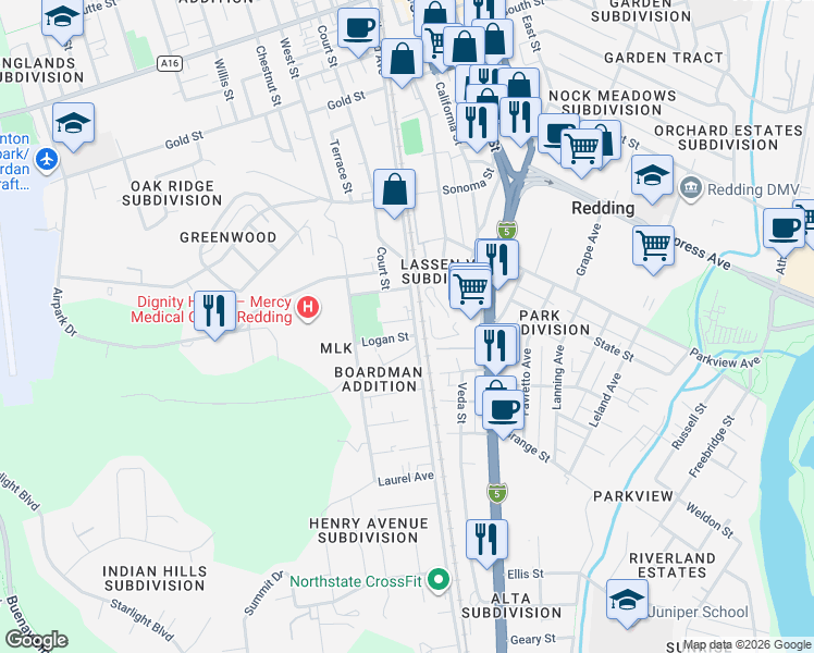 map of restaurants, bars, coffee shops, grocery stores, and more near 2620 Railroad Ave in Redding