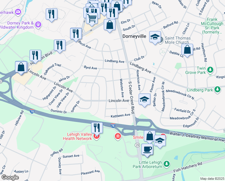 map of restaurants, bars, coffee shops, grocery stores, and more near 1118 Washington Avenue in Allentown