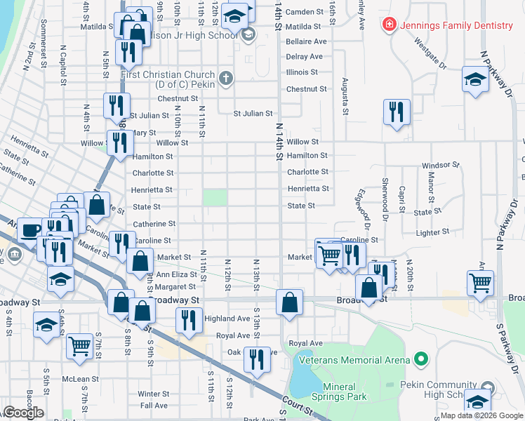 map of restaurants, bars, coffee shops, grocery stores, and more near 1302 State St in Pekin