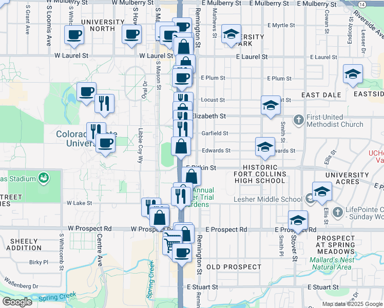 map of restaurants, bars, coffee shops, grocery stores, and more near 1200 U.S. 287 in Fort Collins